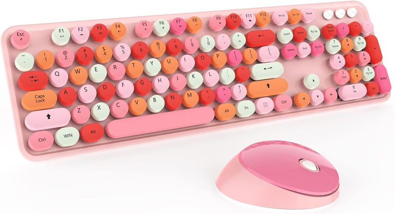 Kootop Cute Pink Wireless Keyboard and Mouse, 2.4G Retro Round Keycap for PC, Mac, Laptop, Tablet, Computer Windows - Image 1